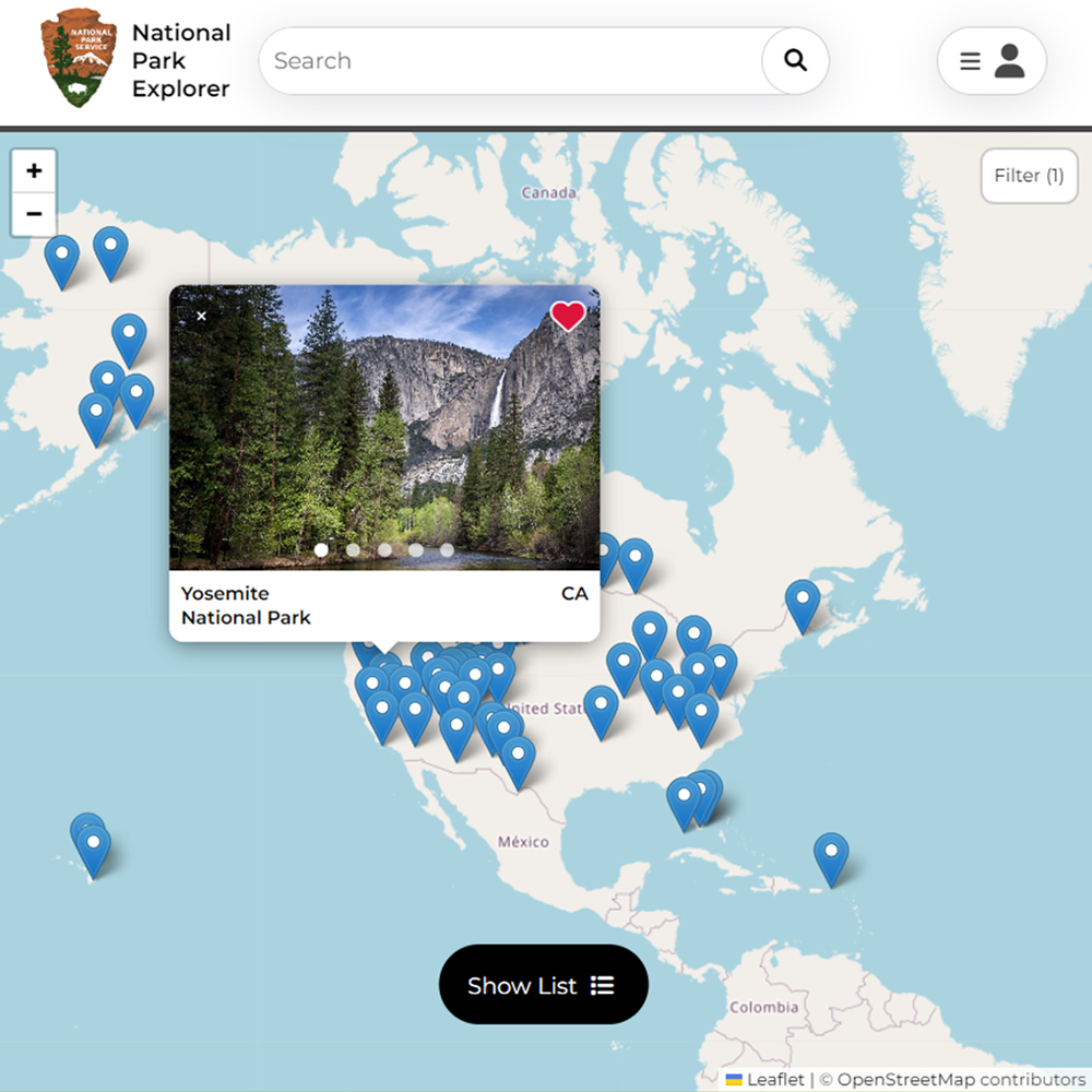 Screenshot of National Park Explorer Application Map